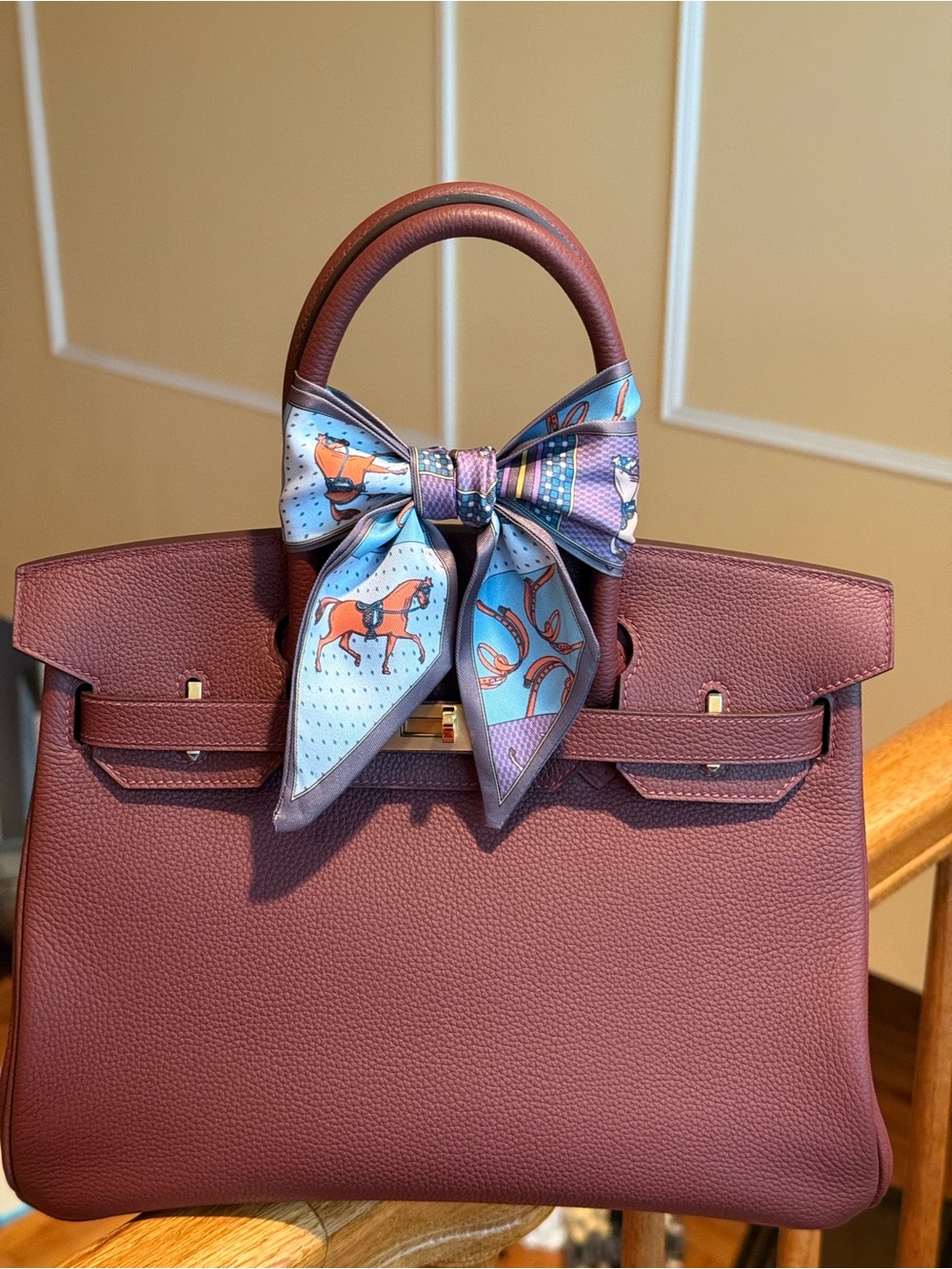 Elegant burgundy rouge h Togo Leather Top-Handle Satchel Blue Scarf Accent GHW